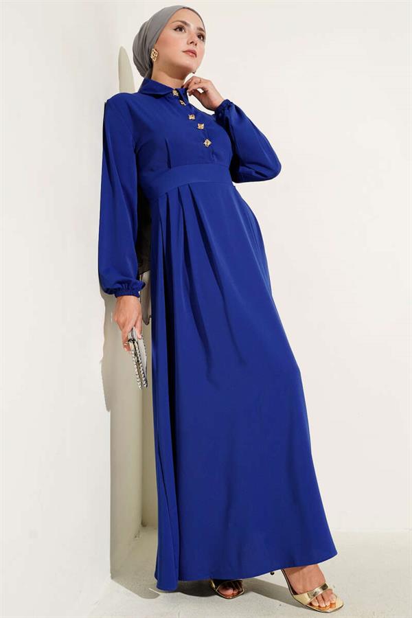 Gold Button Detailed Satin Dress in Saxe