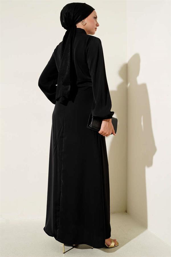 Gold Button Detailed Satin Dress Black