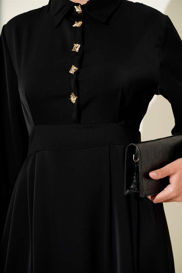 Gold Button Detailed Satin Dress Black