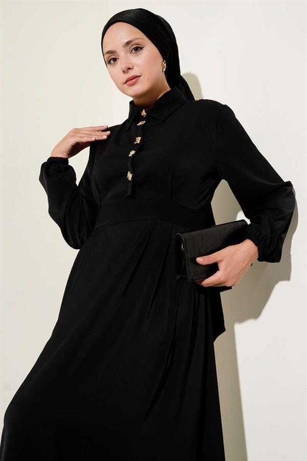 Gold Button Detailed Satin Dress Black