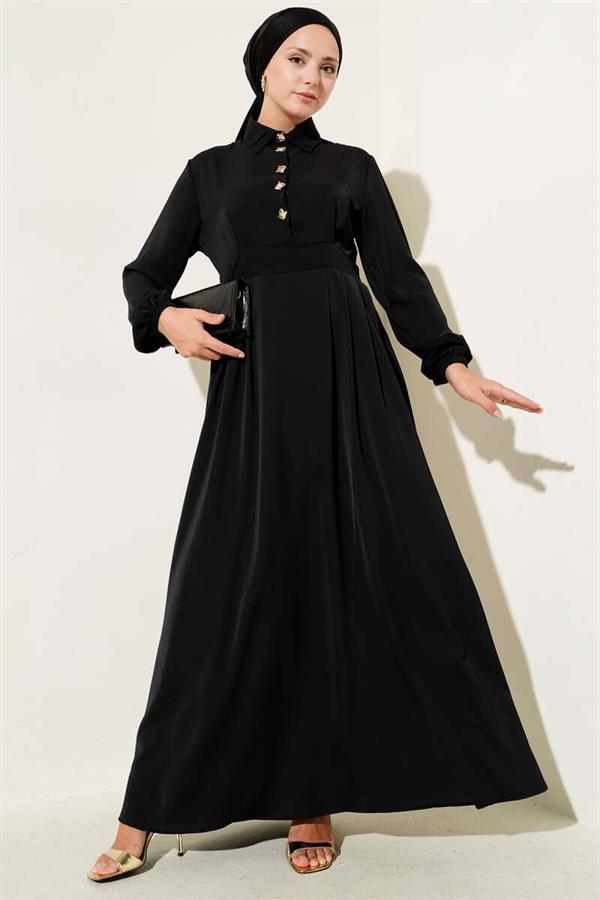 Gold Button Detailed Satin Dress Black