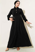 Gold Button Detailed Satin Dress Black