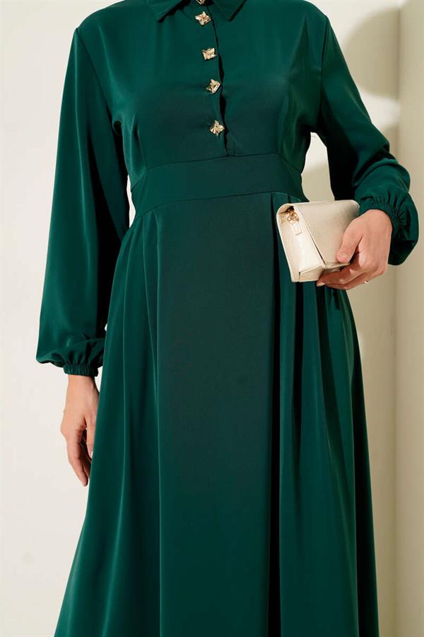 Gold Button Detailed Satin Dress Emerald