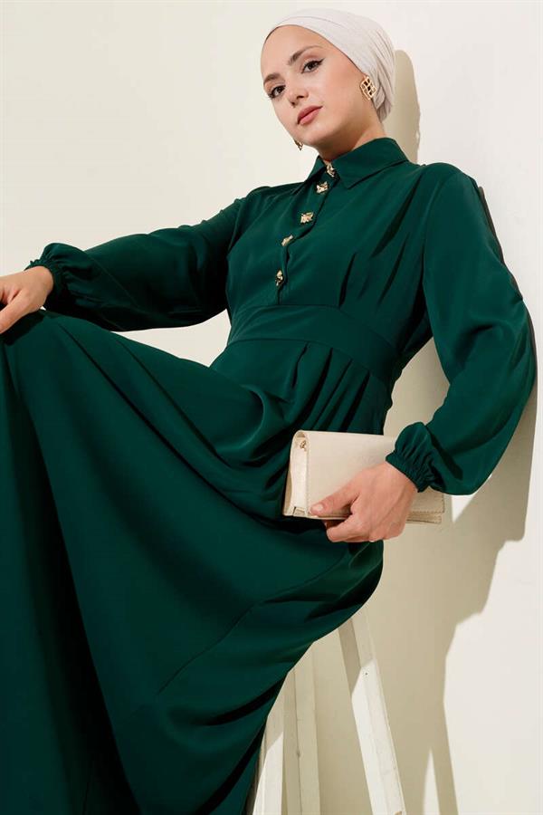 Gold Button Detailed Satin Dress Emerald