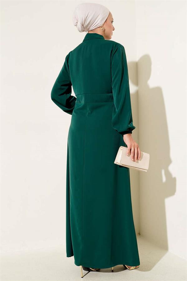 Gold Button Detailed Satin Dress Emerald