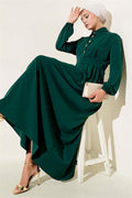Gold Button Detailed Satin Dress Emerald
