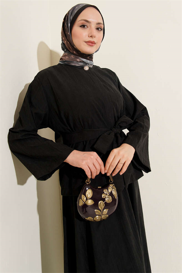 2 Piece Set with Tencel skirt and gold button detail, black.