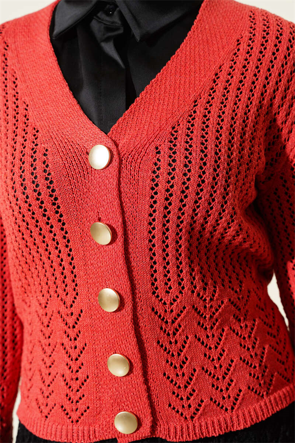 Short Openwork Knit Cardigan with Gold Buttons, Coral