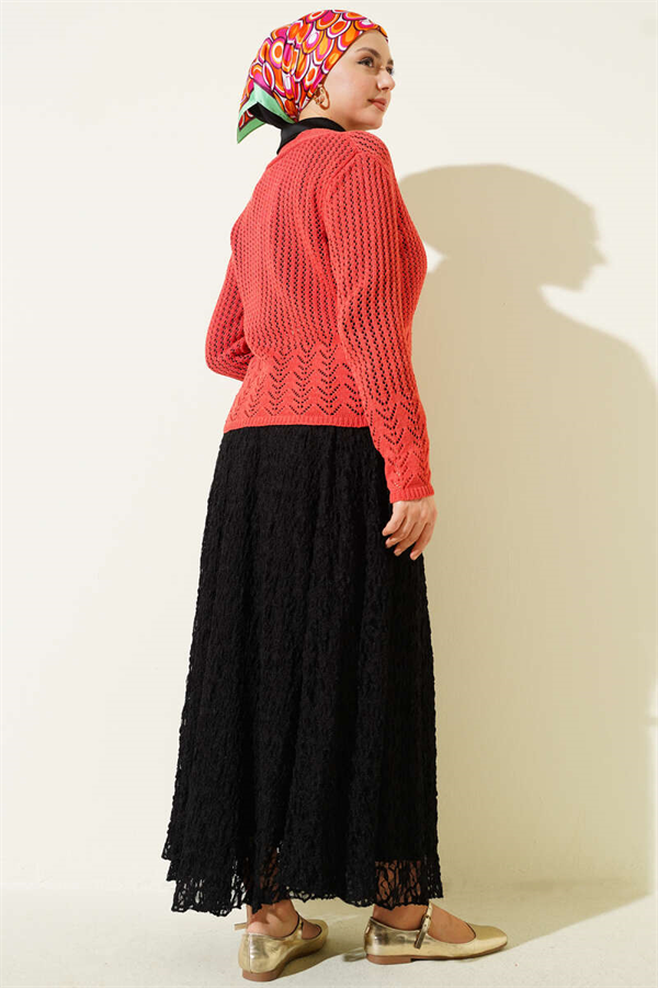 Short Openwork Knit Cardigan with Gold Buttons, Coral