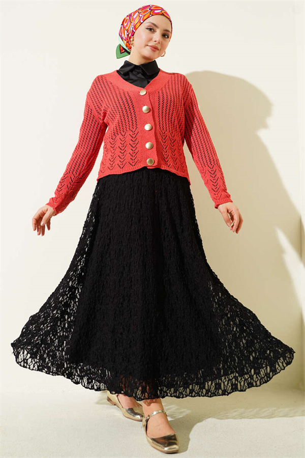 Short Openwork Knit Cardigan with Gold Buttons, Coral
