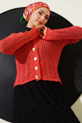 Short Openwork Knit Cardigan with Gold Buttons, Coral