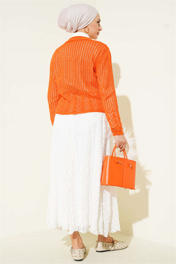 Short Openwork Knit Cardigan with Gold Buttons, Orange