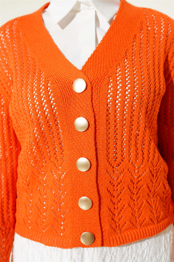 Short Openwork Knit Cardigan with Gold Buttons, Orange