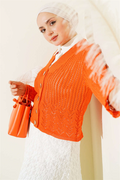 Short Openwork Knit Cardigan with Gold Buttons, Orange