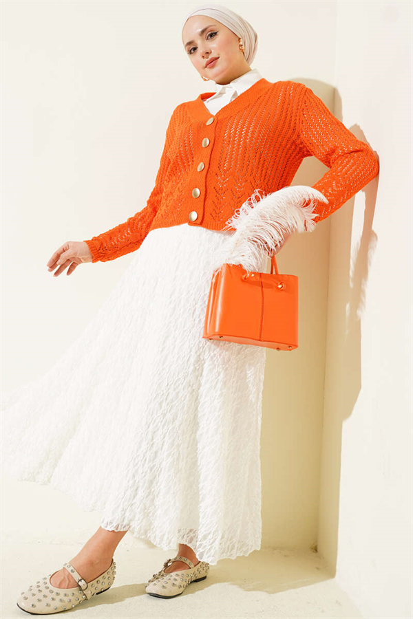Short Openwork Knit Cardigan with Gold Buttons, Orange