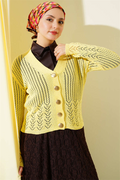 Short Openwork Knit Cardigan with Gold Buttons, Yellow