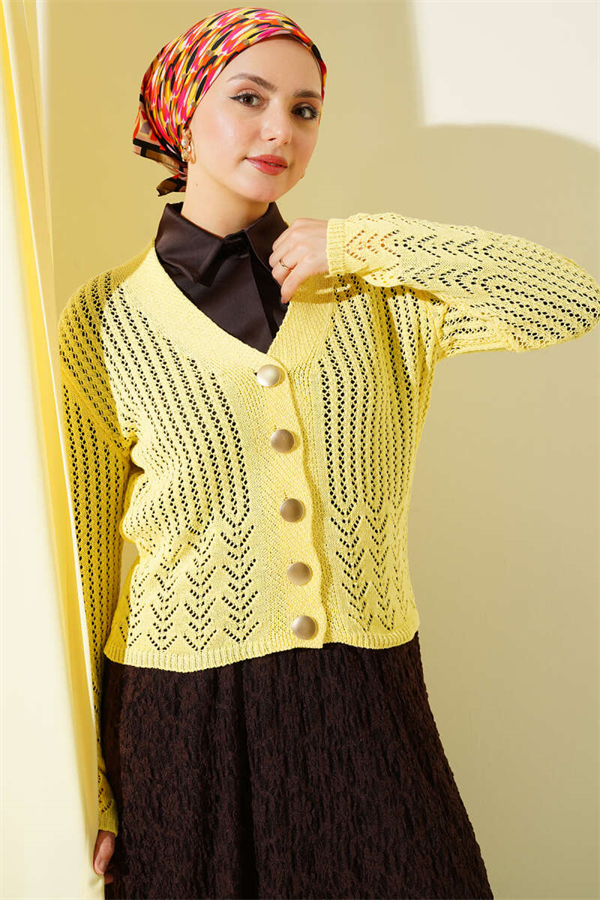 Short Openwork Knit Cardigan with Gold Buttons, Yellow