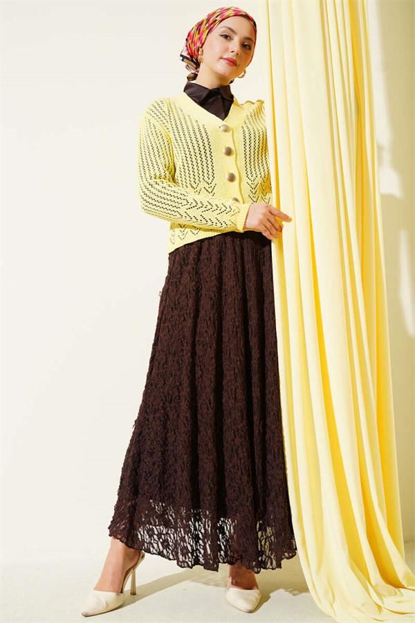 Short Openwork Knit Cardigan with Gold Buttons, Yellow