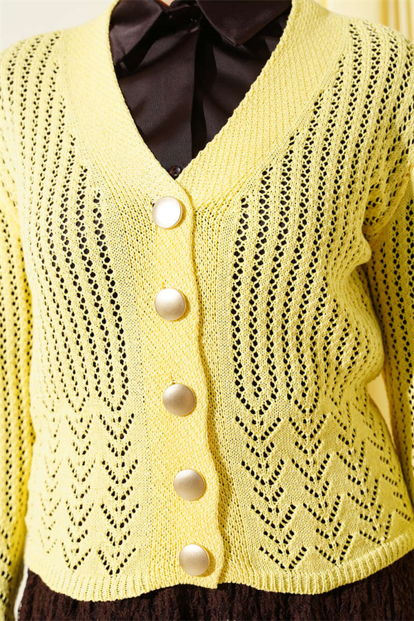 Short Openwork Knit Cardigan with Gold Buttons, Yellow