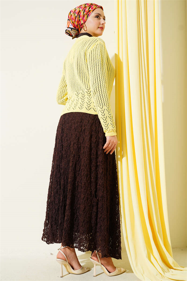 Short Openwork Knit Cardigan with Gold Buttons, Yellow