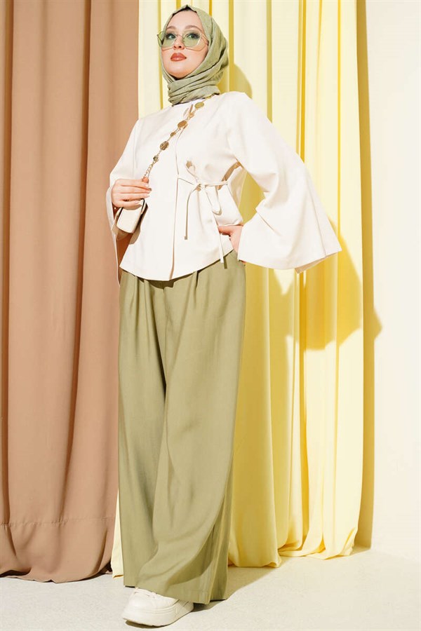 Short Jacket with Gold Buttons and Lace-up, Beige