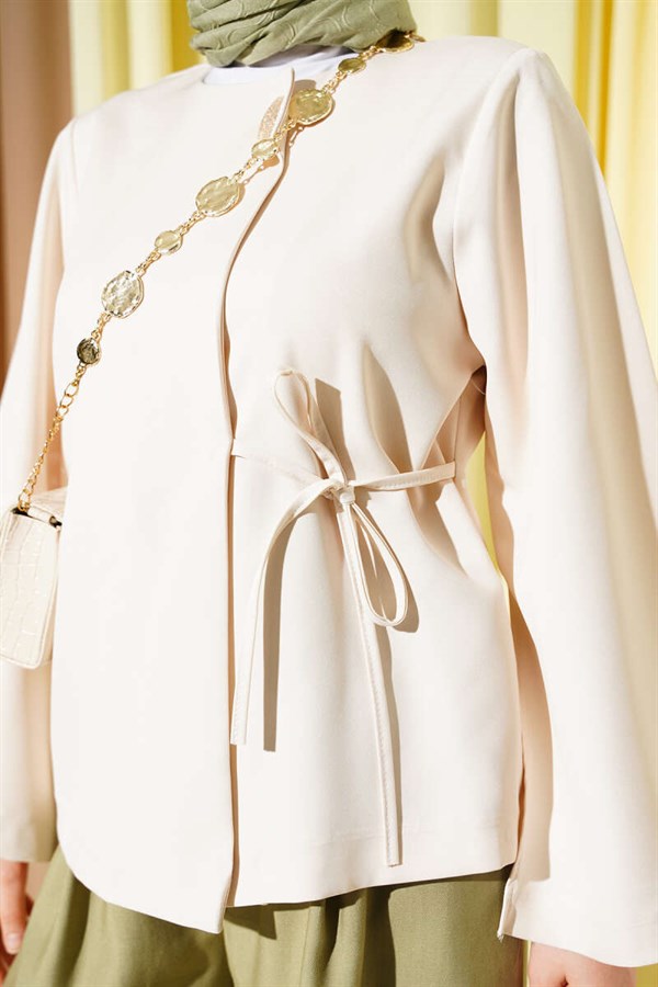 Short Jacket with Gold Buttons and Lace-up, Beige