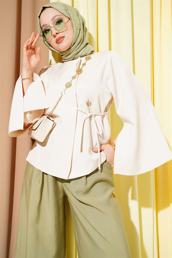 Short Jacket with Gold Buttons and Lace-up, Beige