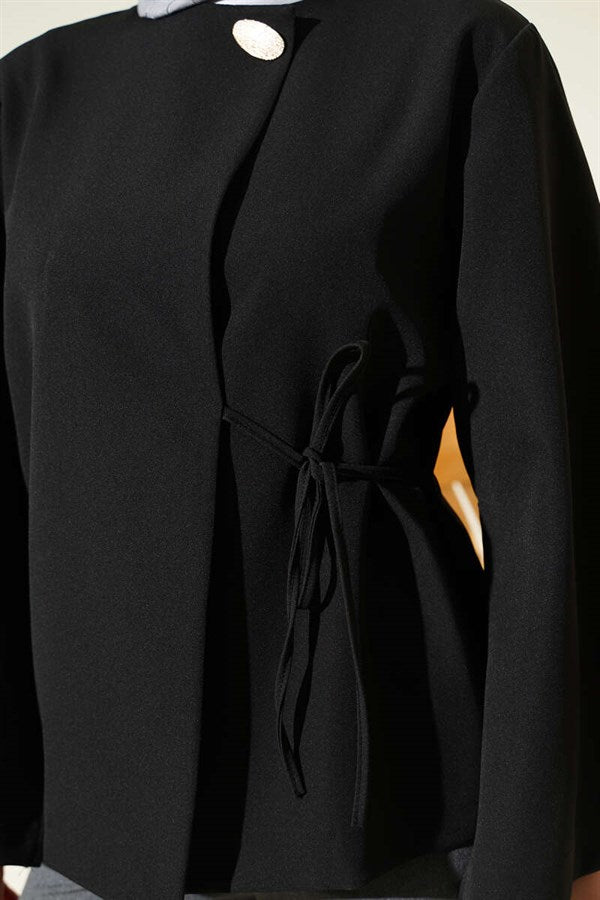 Gold Buttoned Lace-up Short Jacket, Black