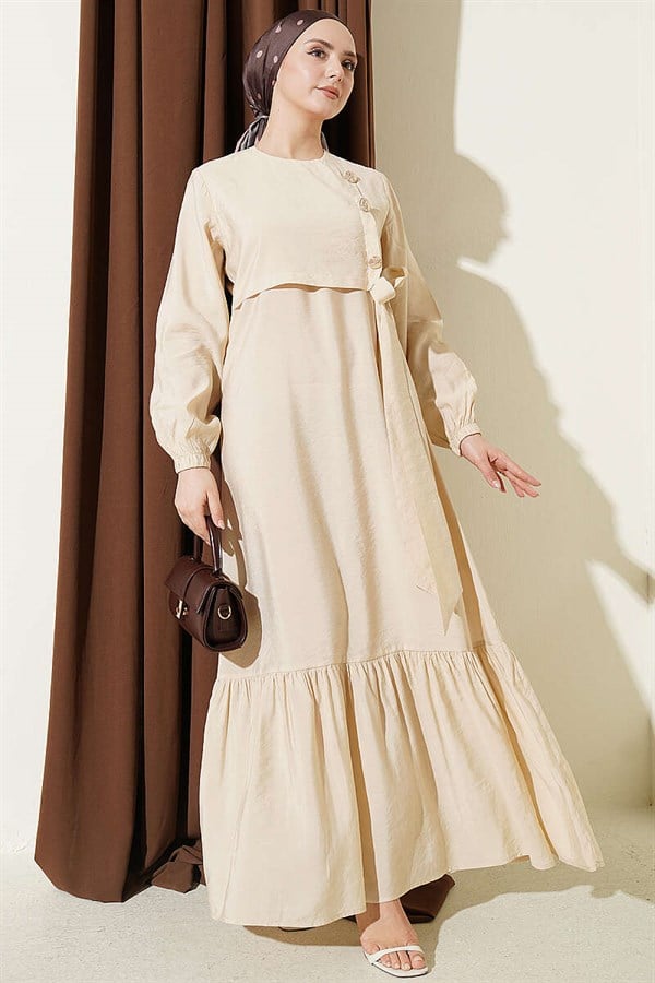 Modal Dress with Gold Buttons and Tie, Beige