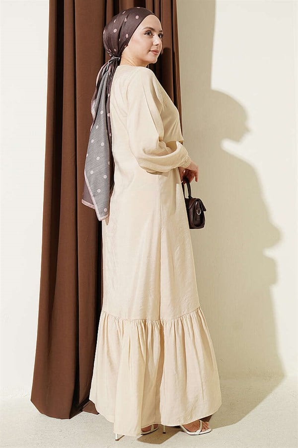 Modal Dress with Gold Buttons and Tie, Beige