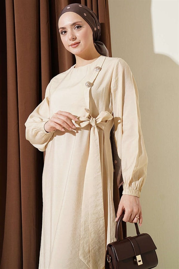 Modal Dress with Gold Buttons and Tie, Beige