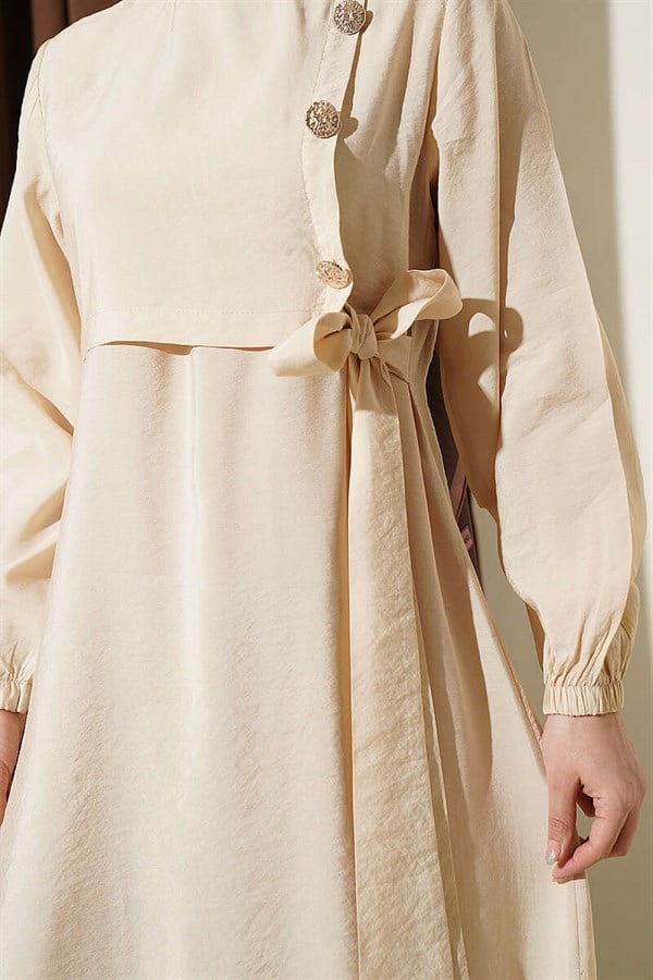 Modal Dress with Gold Buttons and Tie, Beige