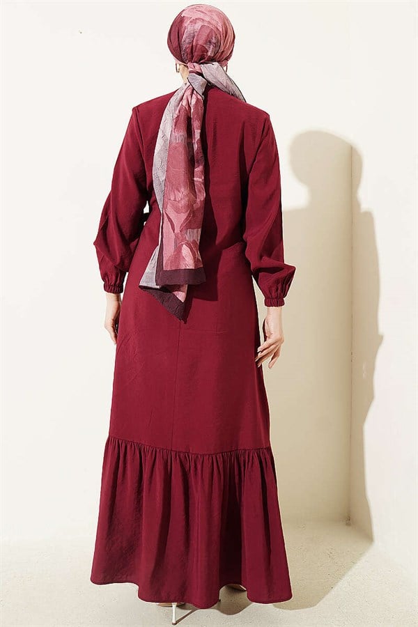 Burgundy Modal Dress with Gold Buttons and Tie