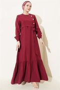 Burgundy Modal Dress with Gold Buttons and Tie