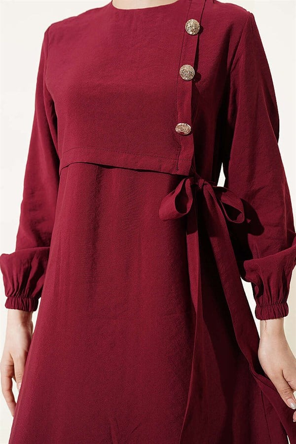 Burgundy Modal Dress with Gold Buttons and Tie