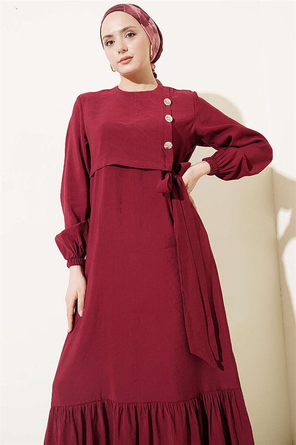 Burgundy Modal Dress with Gold Buttons and Tie