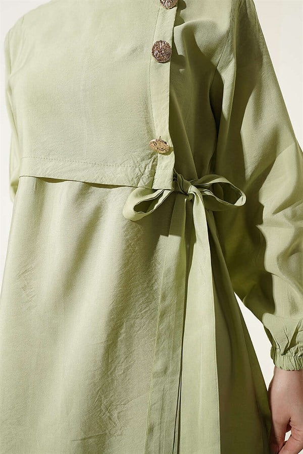 Modal Dress with Gold Buttons and Tie, Light Green