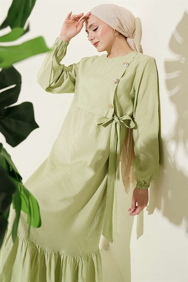 Modal Dress with Gold Buttons and Tie, Light Green