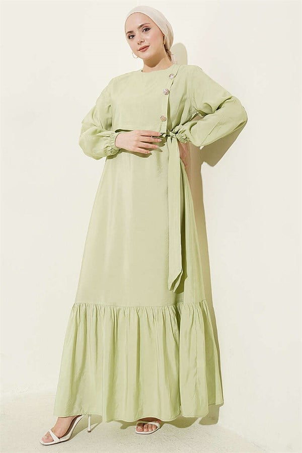 Modal Dress with Gold Buttons and Tie, Light Green