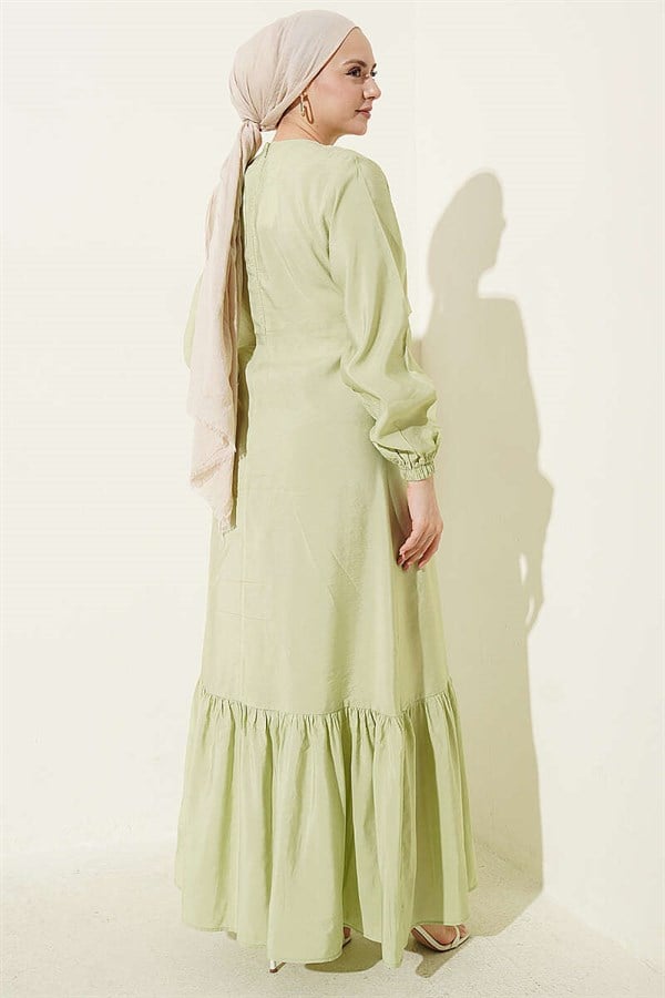 Modal Dress with Gold Buttons and Tie, Light Green