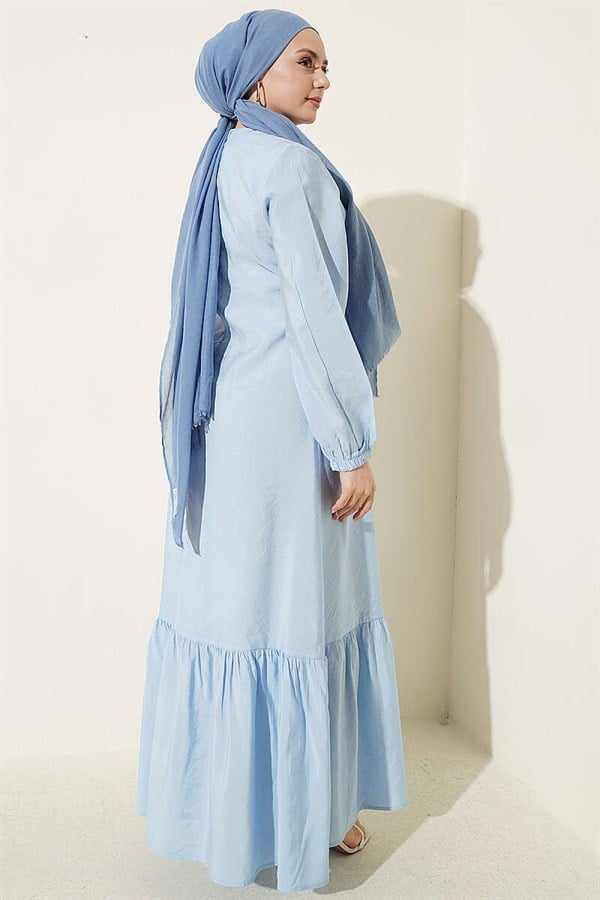 Blue Modal Dress with Gold Buttons and Tie-Up Closure