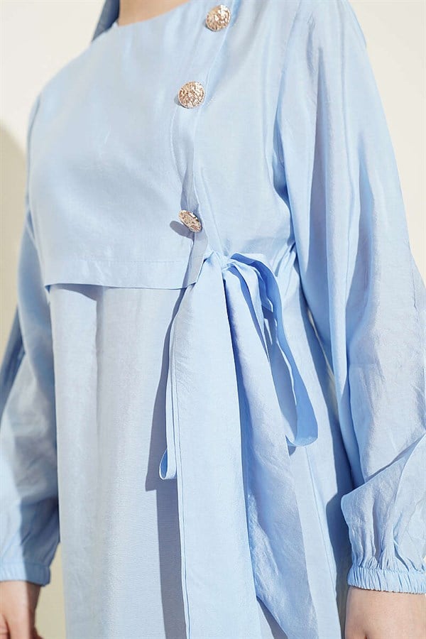Blue Modal Dress with Gold Buttons and Tie-Up Closure