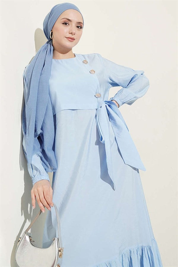 Blue Modal Dress with Gold Buttons and Tie-Up Closure