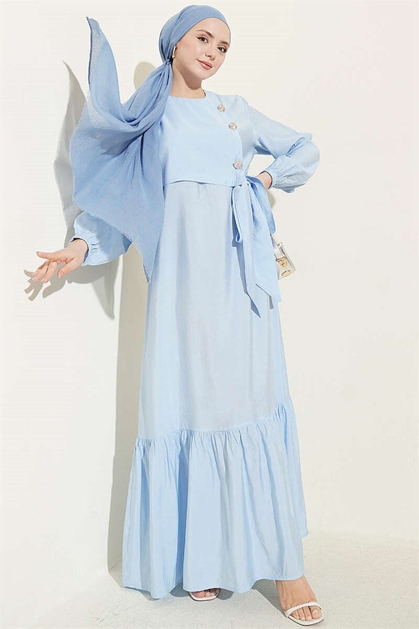 Blue Modal Dress with Gold Buttons and Tie-Up Closure