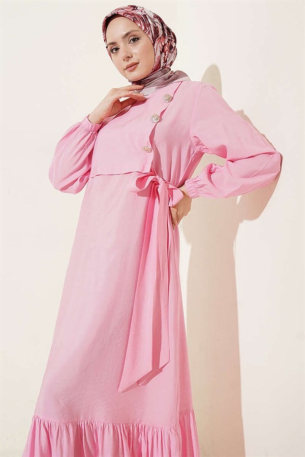 Pink Modal Dress with Gold Buttons and Tie-Up Closure