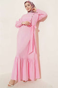 Pink Modal Dress with Gold Buttons and Tie-Up Closure