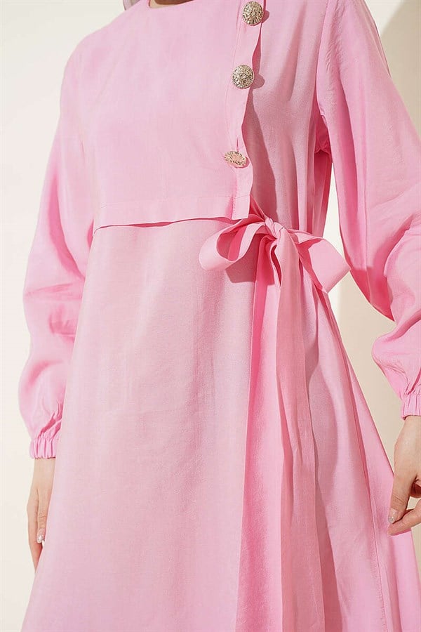 Pink Modal Dress with Gold Buttons and Tie-Up Closure