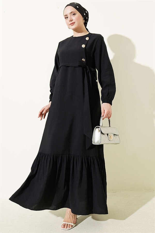 Black Modal Dress with Gold Buttons and Tie