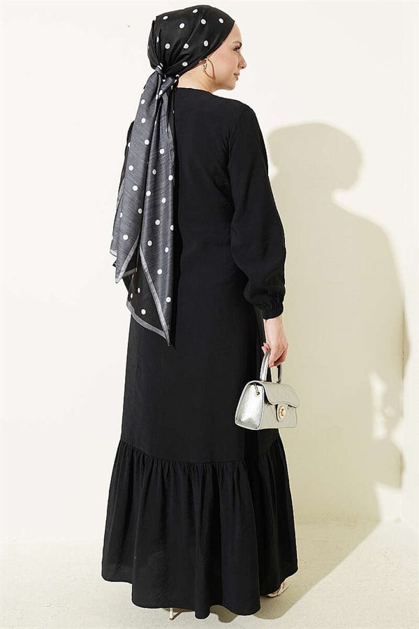 Black Modal Dress with Gold Buttons and Tie