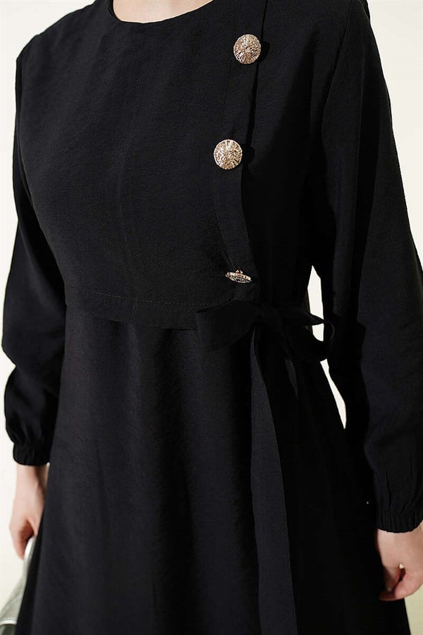 Black Modal Dress with Gold Buttons and Tie